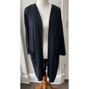 Eileen Fisher Women's L Black Open Front Cardigan Pockets Long Sleeve Cotton